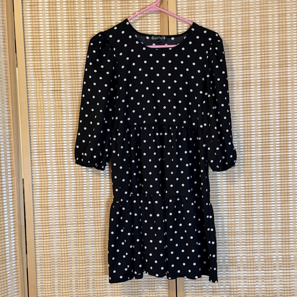Crystal Doll‎ Womens M Dress Black White Polka Dot 3/4 Sleeve Midi Office City